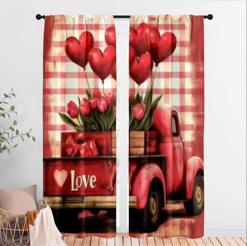 2pcs Rustic Red Truck & Love Heart Curtains   Perfect for Valentine's Day Window Decor  Rod Pocket Curtains