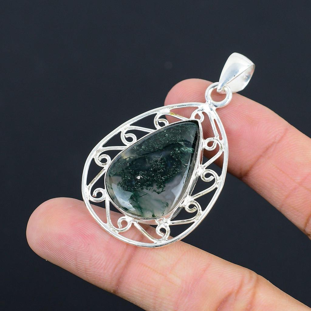 Mothers day Deal Solar Moss Agate Stone Trendy Pendant Jewelry Sterling Silver