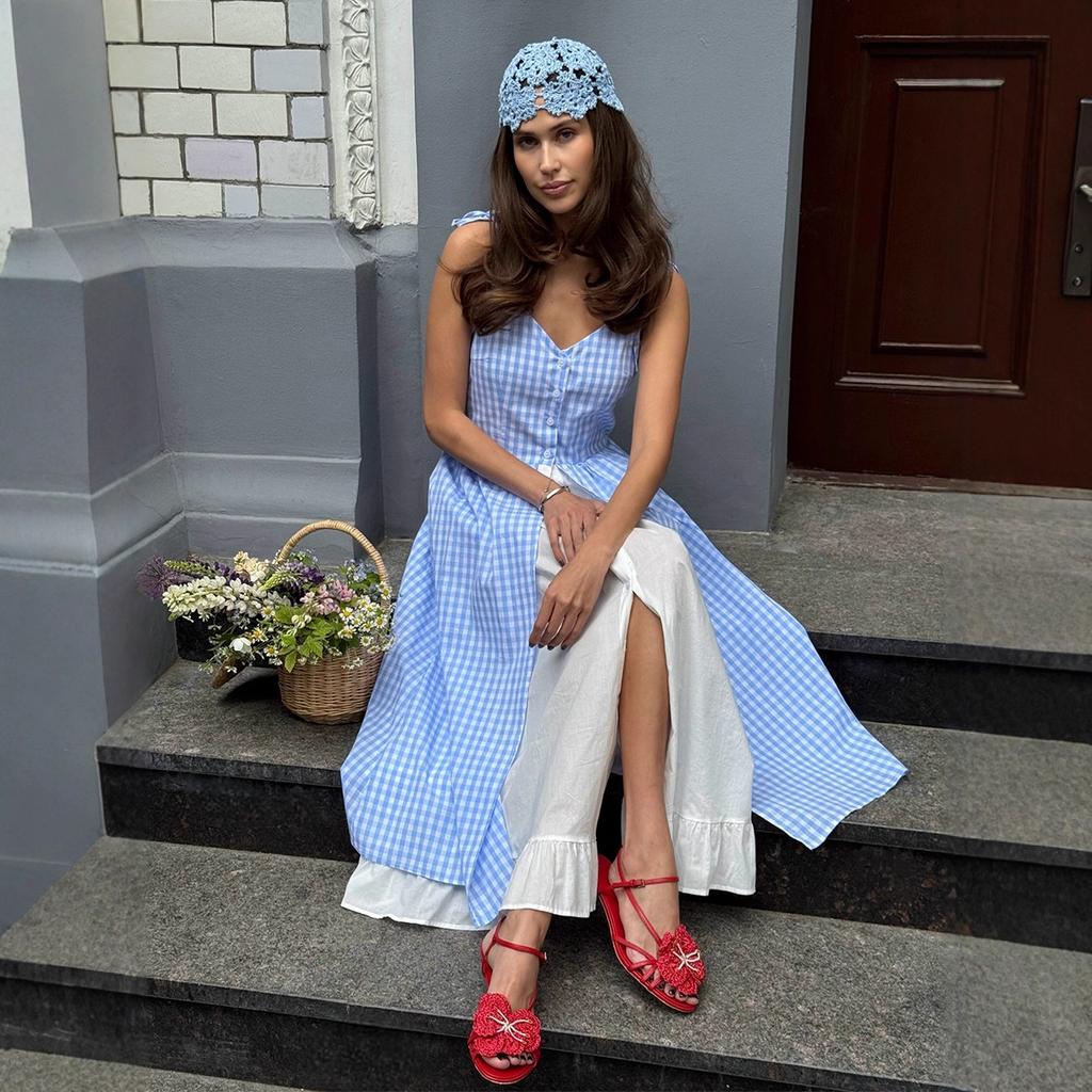 Blue plaid dress European and American summer new fake two-piece single-breasted splicing suspender dress