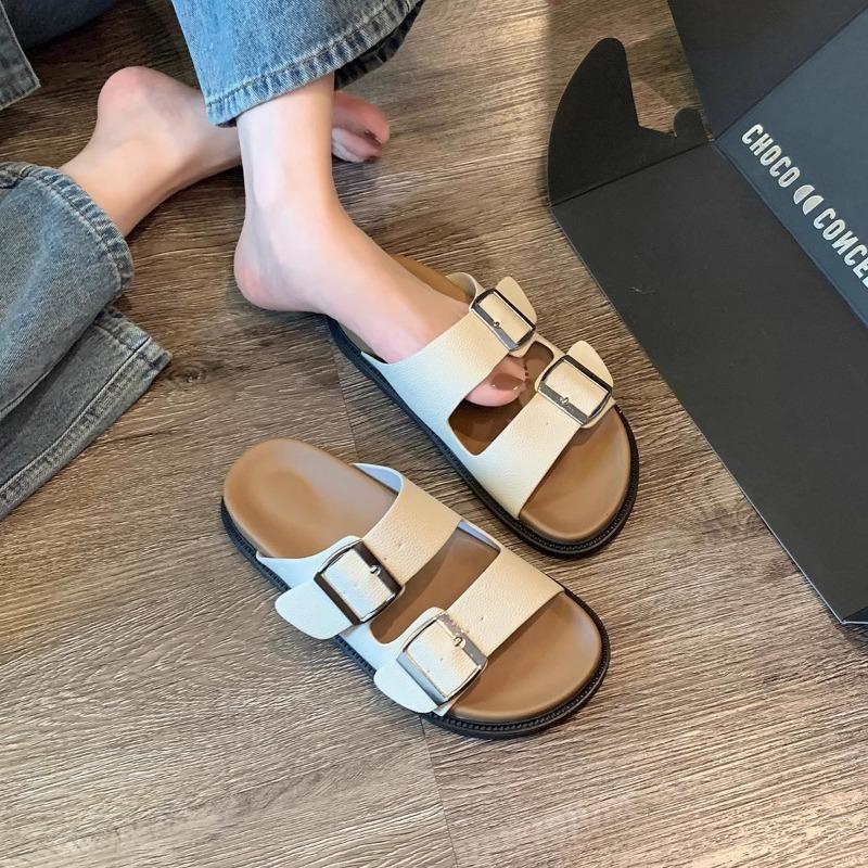 Cowhide version thick-soled slippers women's genuine leather flat-bottomed outer wear one-word belt buckle cool slippers Boken half slippers