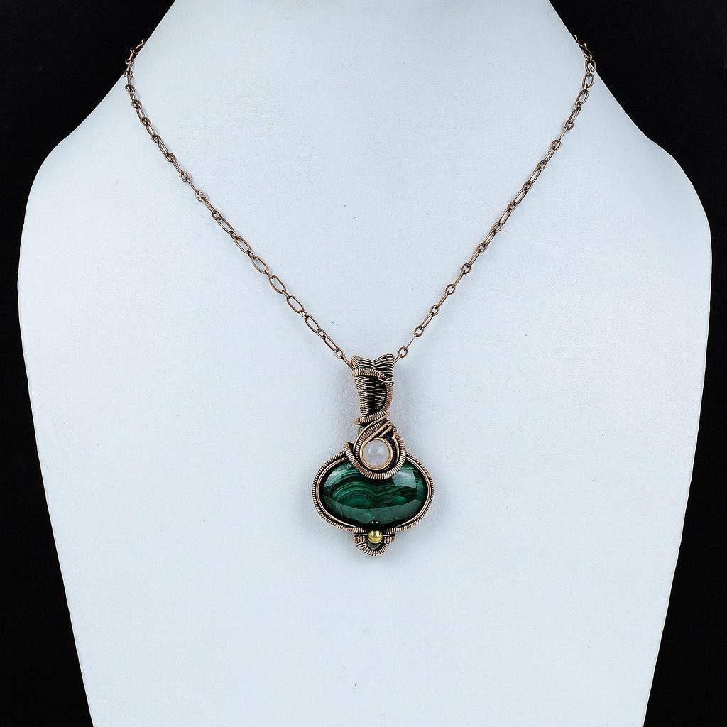 Malachite Pendant Copper Wire Wrapped Pendant Rainbow Moonstone Pendant Handmade Jewelry Gemstone Pendant Unique Copper Jewelry Gift For Her