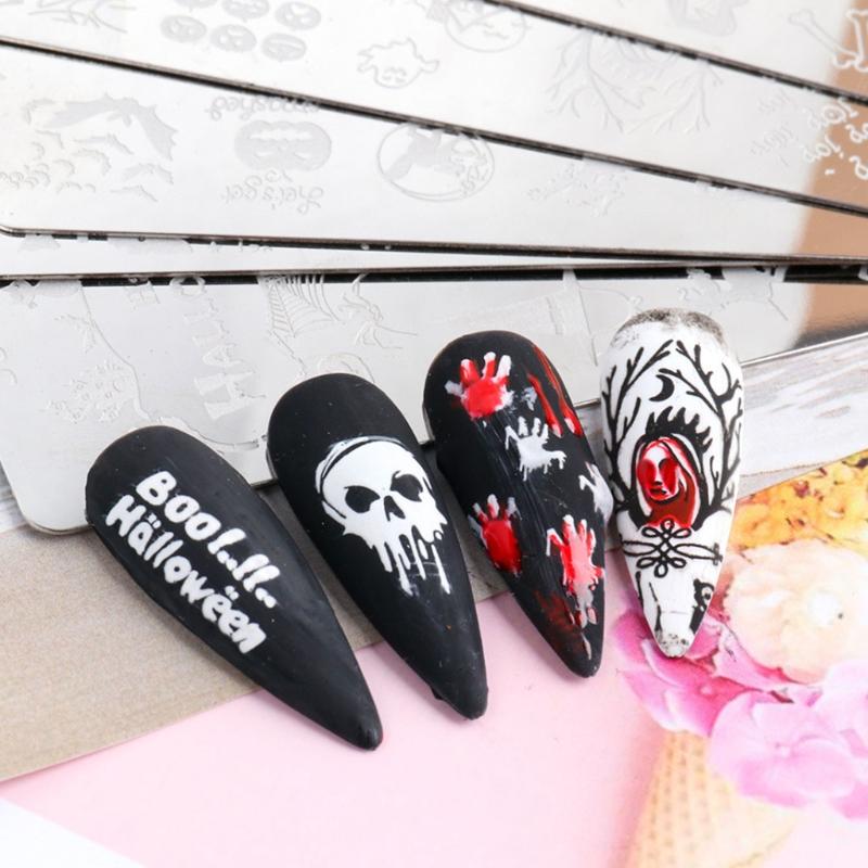 Halloween Nail Art Stamping Templates Kit 6 Pcs Nail Art for Image Plates Pumpkin Ghost Skull Bat Owl Spider Web Nail De