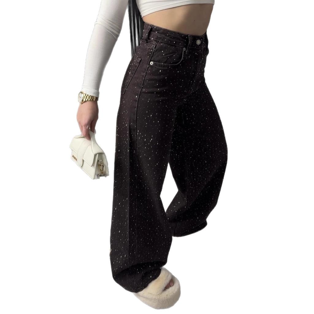 European and American cross-border American rhinestone jeans retro hot diamond personalized high street trendy brand high waist straight loose wide-le