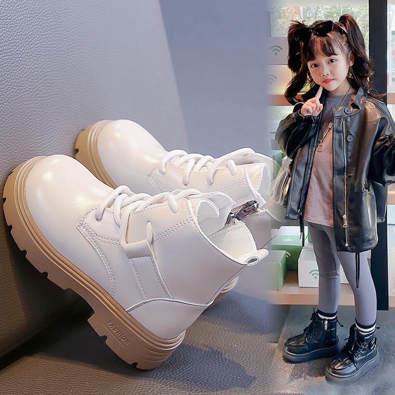 Girls' Handsome Leather Boots Fashionable and Comfortable Leather Shoes Fashionable and Versatile Short Boots Plush Cotton Boots