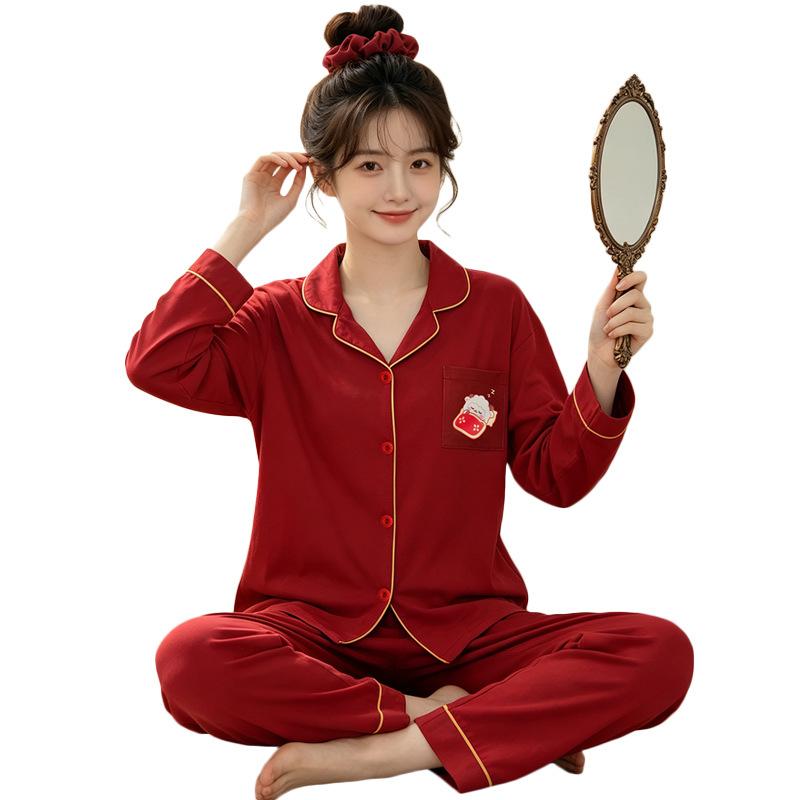 Natal year pajamas women's spring and autumn new imitation cotton long-sleeved red cute cartoon loungewear two-piece set