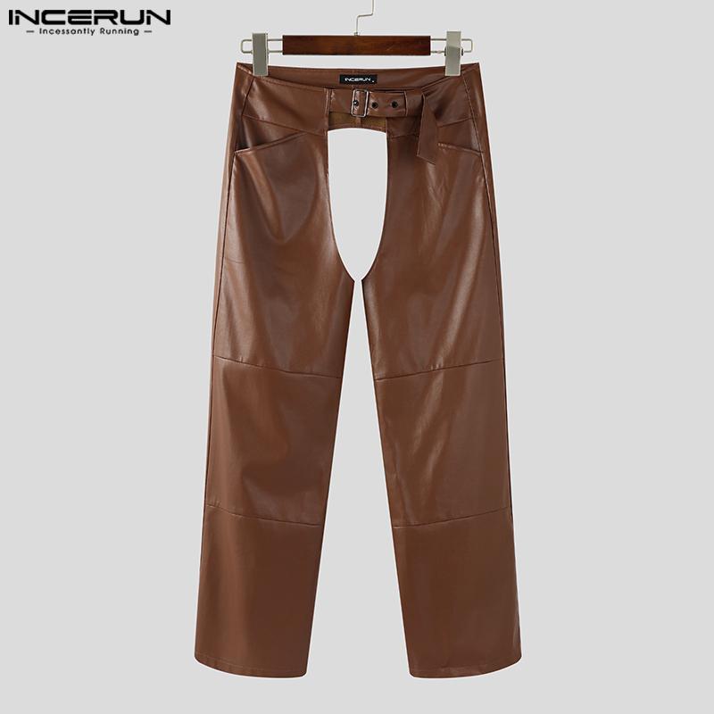 INCERUN Men Zip-up Waist Crotch Cutout PU Leather Party Long Pants Trousers