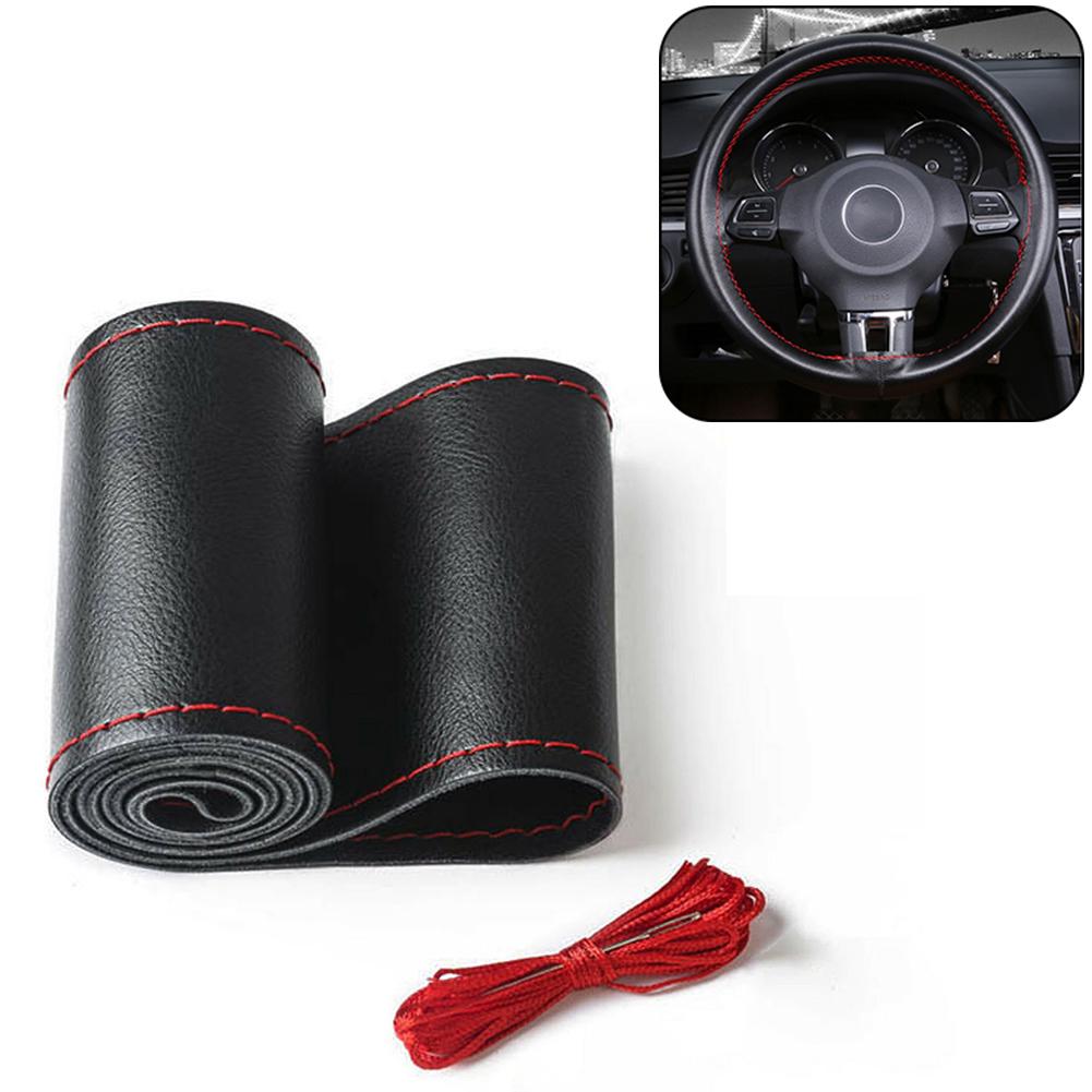 PU Leather DIY Car Steering Wheel Cover 38cm With Needles and Thread Black Red PU Leather DIY Car Steering Wheel Cover 38cm With Needles and Thread Black Red