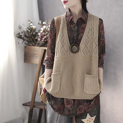 Frühling Herbst Vintage Strickweste Damen Lockerer V-Ausschnitt Doppelte Tasche Ärmelloser Pullover Strickweste Outwear