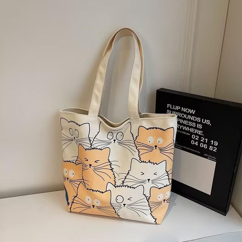 Handbag Shopping Bag Cute Cat Print Women's Handbag Linen Tote Bag Printed Logo Casual Travel Beach Bag