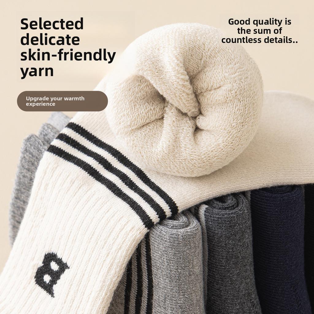5 Pairs of Men's Winter Velvet and Thick Warm Wool Hoop Letter Stripes College Style Floor Mid Socks