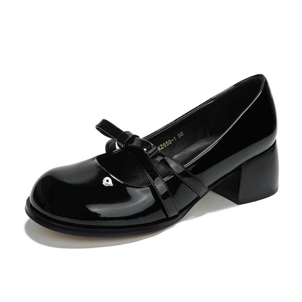 Lackleder Mary Jane Schuhe Dicke Absätze Schleife Niedrig Absatz Lederschuhe Vielseitig Französisches Temperament Runde Spitze Damenschuhe