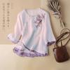 Ethnic Style Disc Button Embroidered Three-quarter Sleeve Linen Shirt with Slanted Placket for Women's Summer New Top Blouses