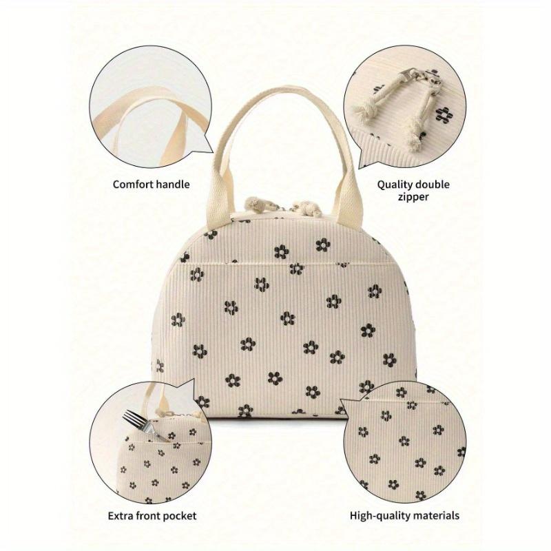 1PC Corduroy Lunch Bag Large Capacity Insulated Soft Reusable Portable with Handle Zipper Insulated Lunch Box Bag for School Picnic Bento Box