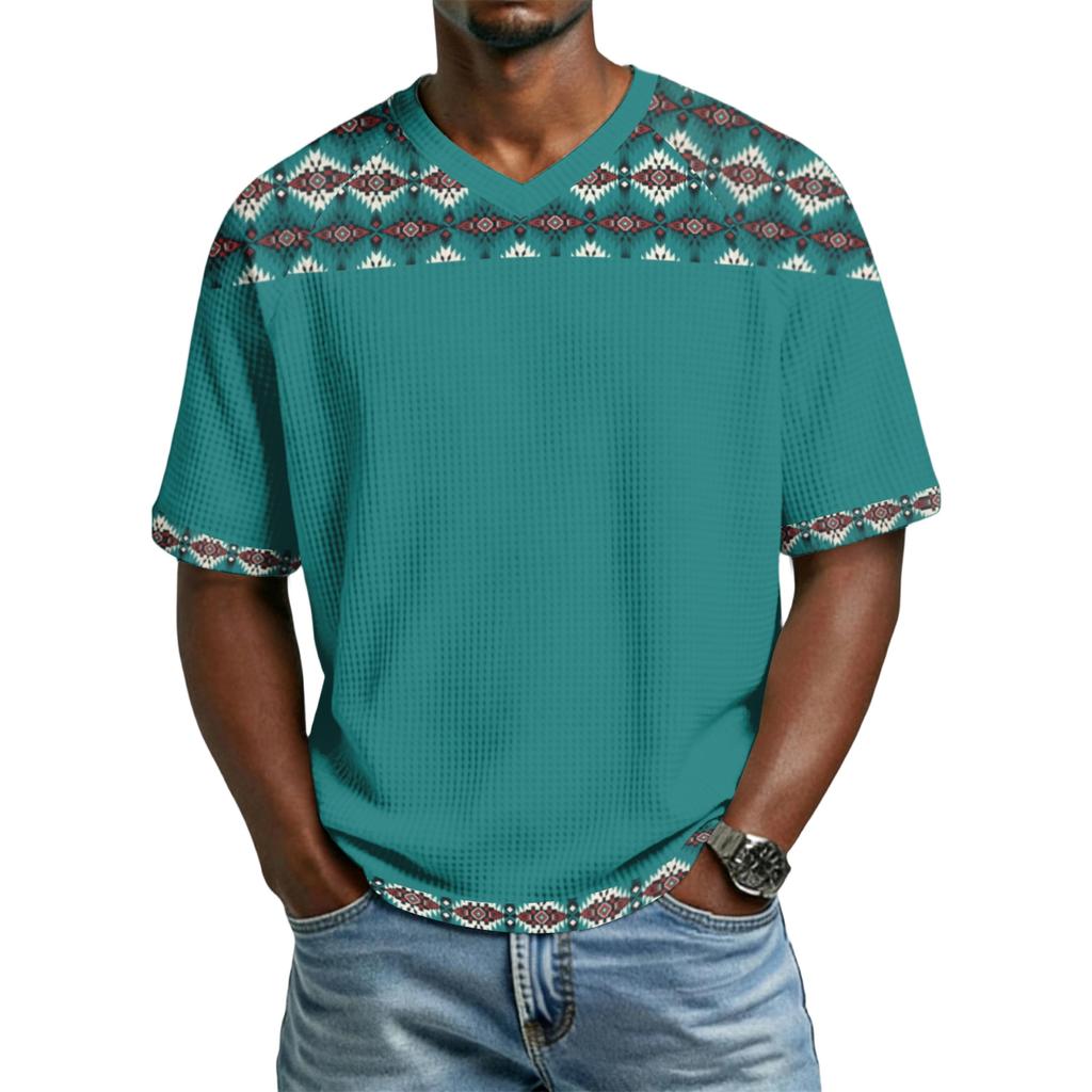 Men's casual stylish retro texture printed short-sleeved shirt Men's breathable V-neck short-sleeved top