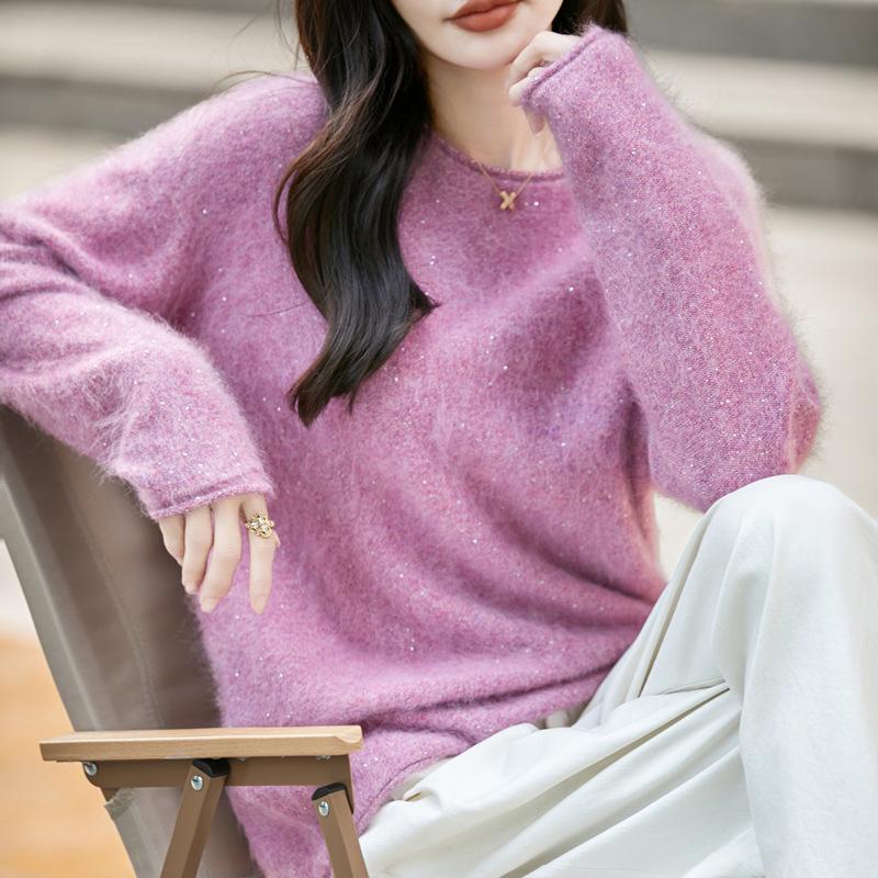 Women's Plus Size Korean Style Marled Yarn Cashmere Wool Sweater - Loose Fit, Brushed, Round Neck