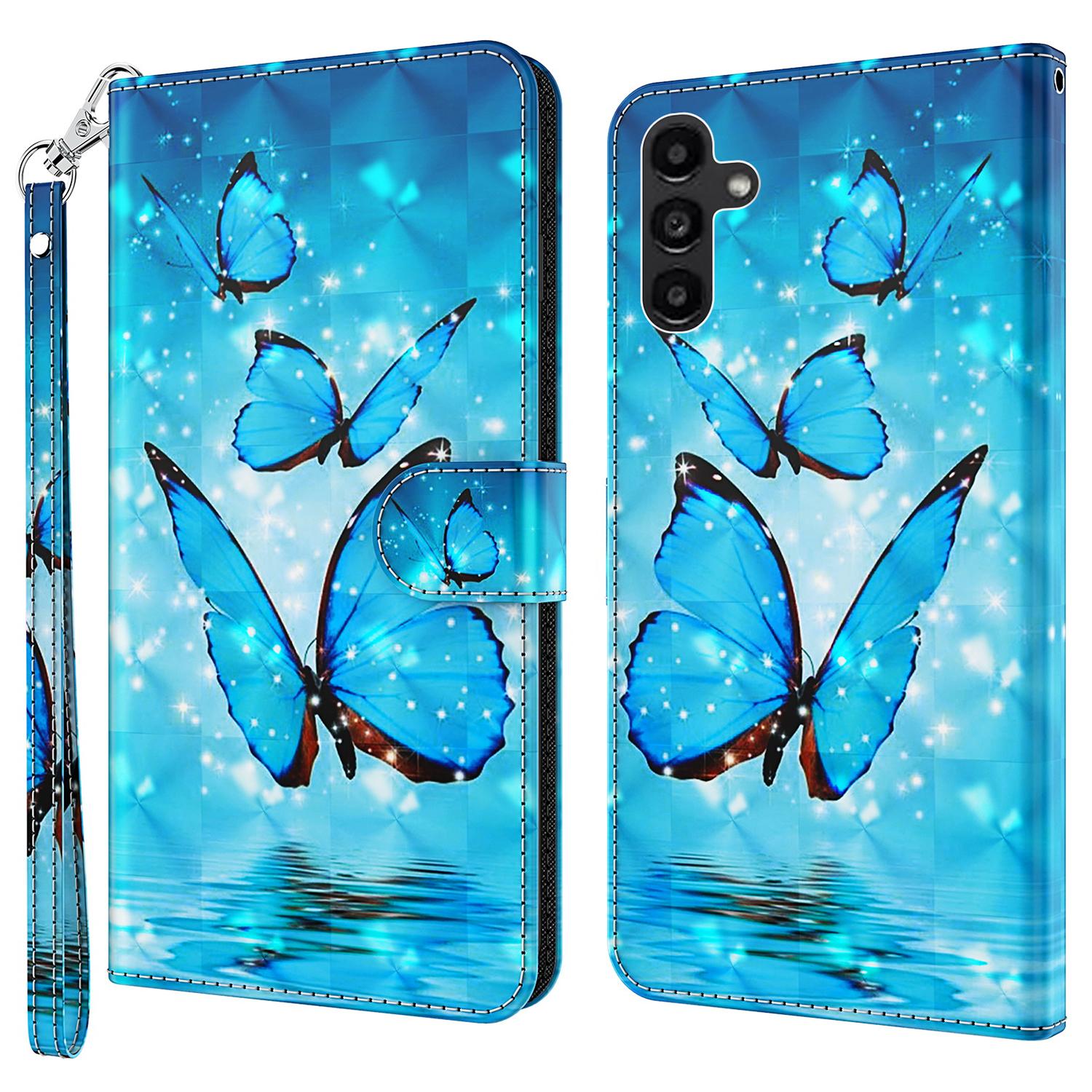

For Samsung Galaxy A25 5G (Global) (161.0 x 76.5 x 8.3mm) Case Leather 3D Pattern Phone Cover Blue Butterflies