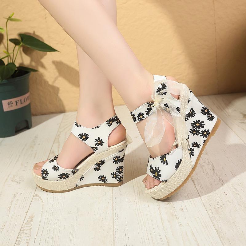 Spring and Summer Bohemian Platform Wedge Heel High Heel Fish Mouth Women's Sandals Muffin and Water Table Flower Ribbon Beach Shoes