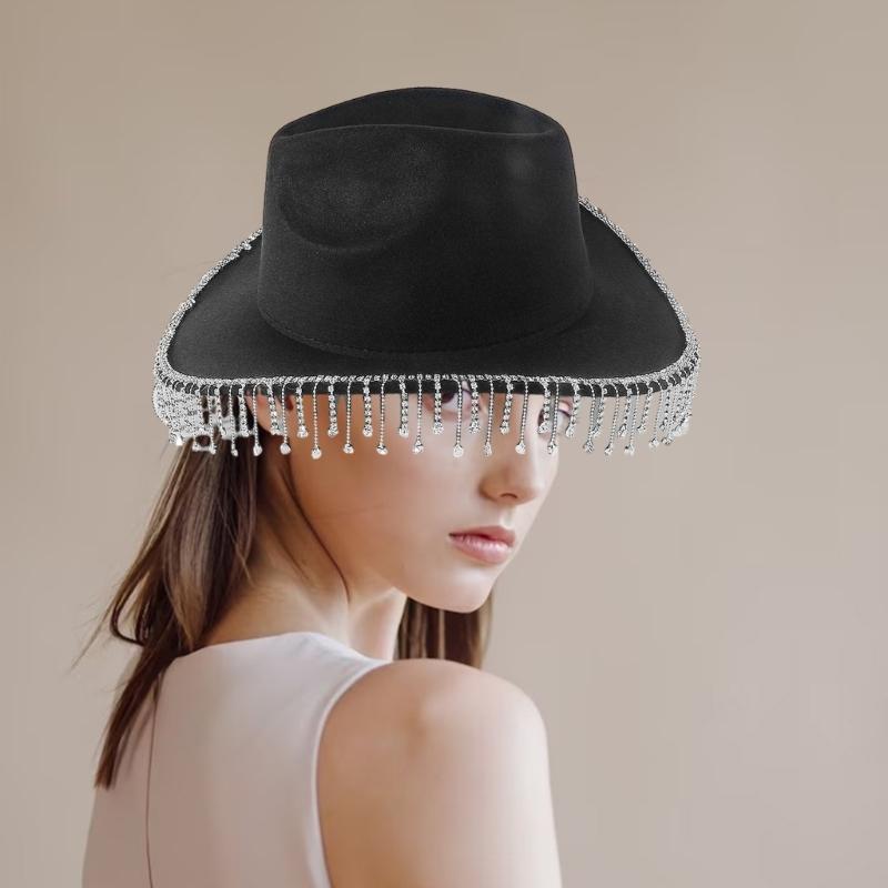 Trendy Cowboy Hat Denims Hat with Sparkling Rhinestones and Fringe Detail for Outdoor Activities Parties Halloween Hat