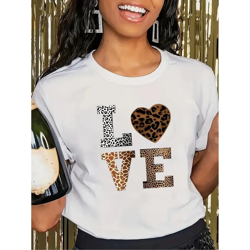 Womens Casual Love Pattern Leopard Heart Design Tee Elastic Round Neck Short Sleeve Four Seasons Comfortable Opaque Machine Washable Top
