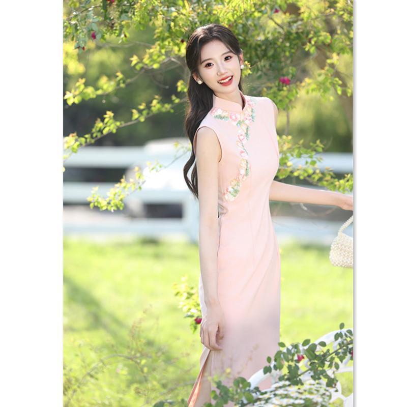 Pink New Chinese Long Hong Kong Style Sleeveless Young Girl Cheongsam 1011 Summer New Slim and Thin Daily Wear