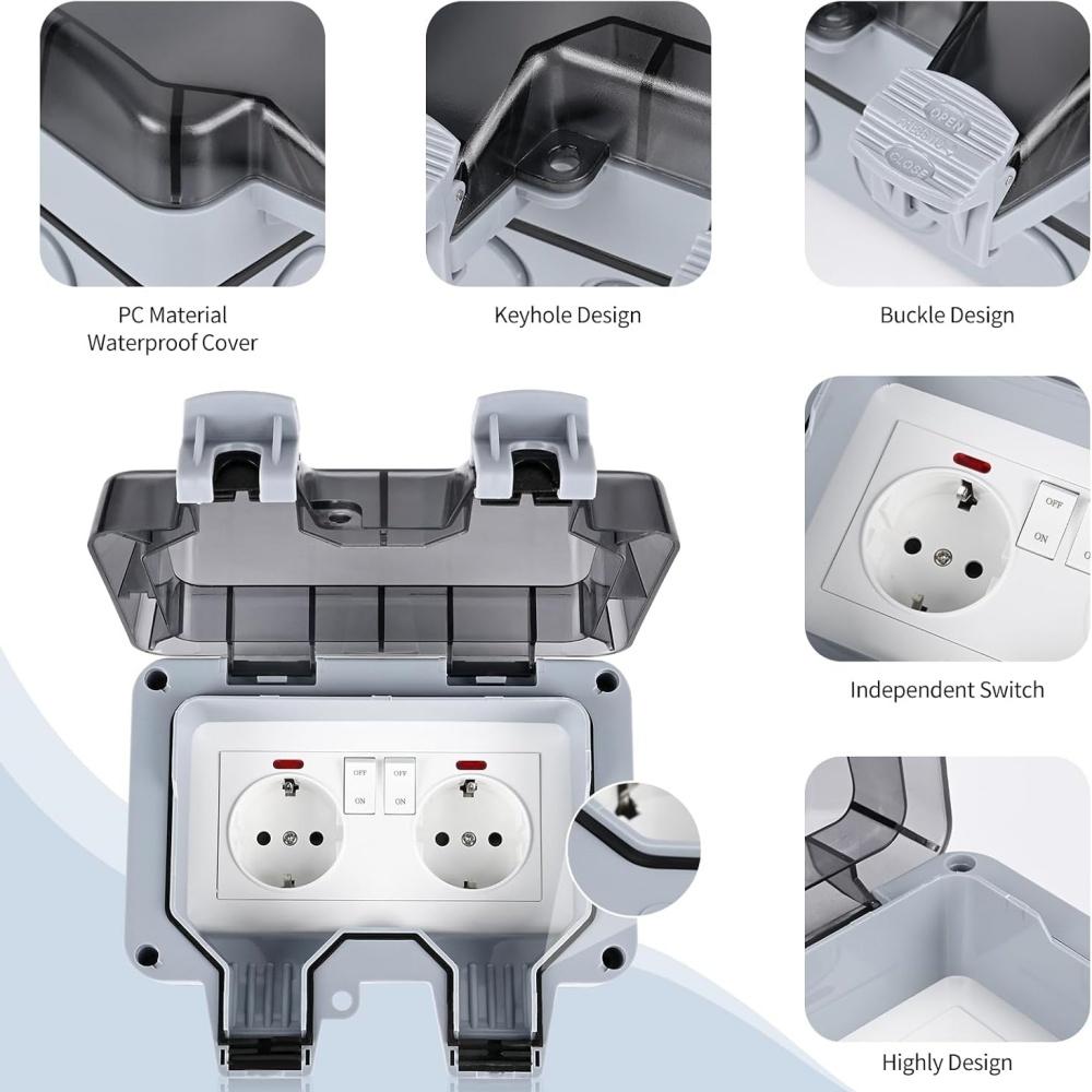 EIOMR Waterproof Socket Box, IP66 Rated Water EU French UK Universal Standard Power Plug Perfect for Outdoor, Bathroom, Kitchen