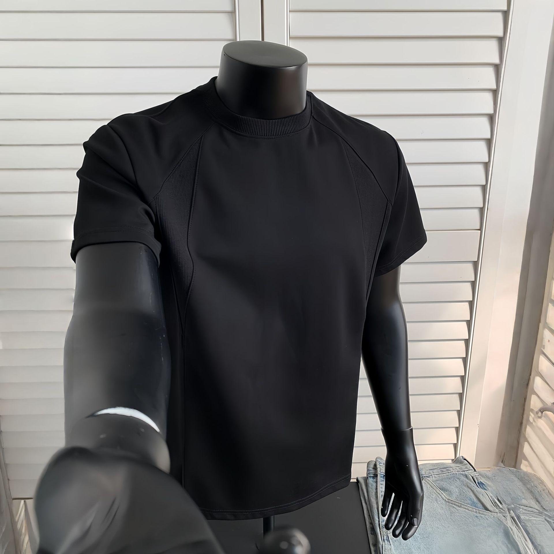 Men s Trendy Summer Ribbed Patchwork T-shirt M (suggested for 90-110 jin) чёрный