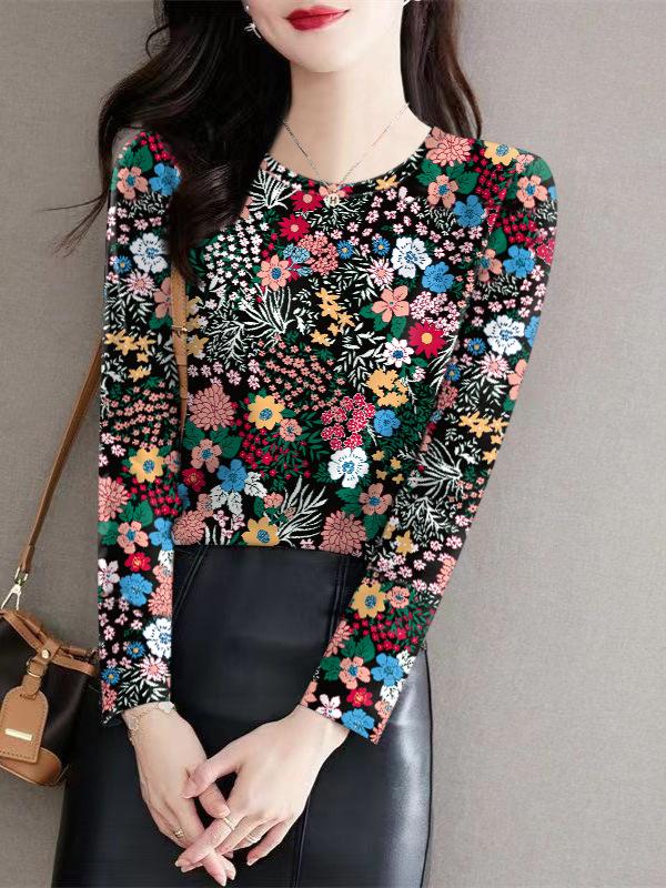 Damen Blumen Slim Fit Milchseide Langarm-T-Shirt - Rundhals Basisschicht für Herbst/Winter