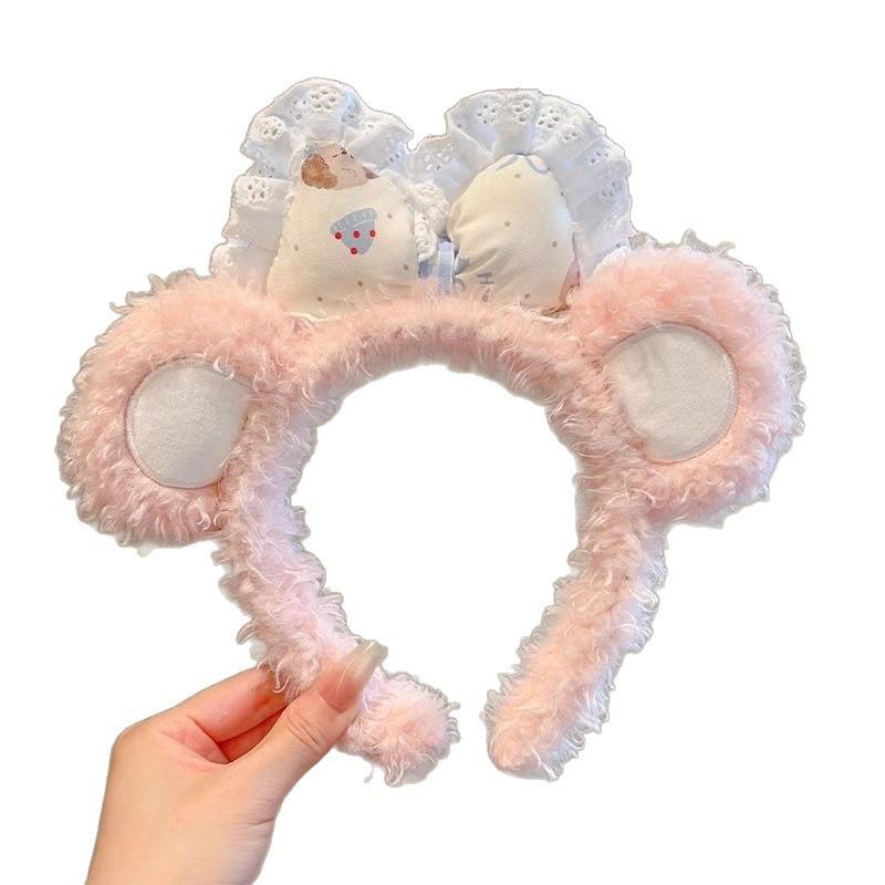 Plush Lace Bow Hairband with Cute Bear Ears for Women - Non-slip Headband Ideal for Face Washing