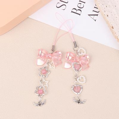 Chaînes de téléphone portable roses avec nœud papillon et cœur pour filles, jolies lanières de téléphone portable style années 2000, porte-clés