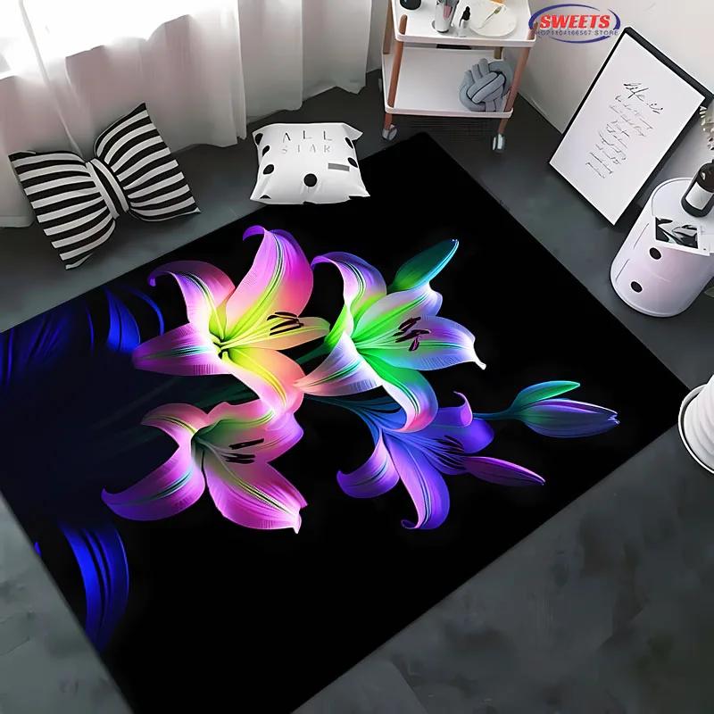 Beautiful Lily Flower Large Carpet for Home Living Room Children's Bedroom, Sofa Doormat Kitchen Floor Rug, Anti-slip Decor Mat