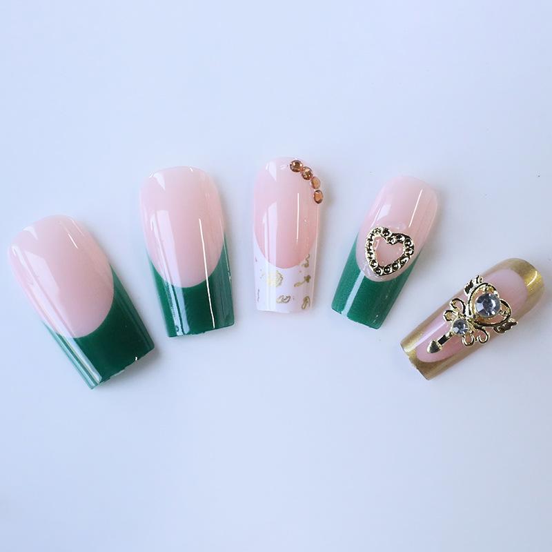 Nail Art Avanzato Moda Semplice Verde Classico Francese Flash Diamante Amore Unghia Media e Lunga da Indossare