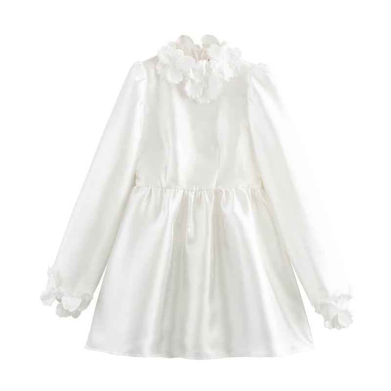 

Kaslead New Women clothes Western Style Fashion Simple Three-dimensional Flower Decoration Long sleeve dress White L