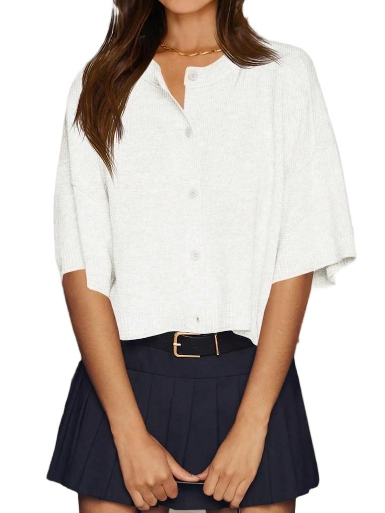 Women's Cropped Button Down Cardigan Sweater Half Sleeve Lightweight Ribbed Knit Top
