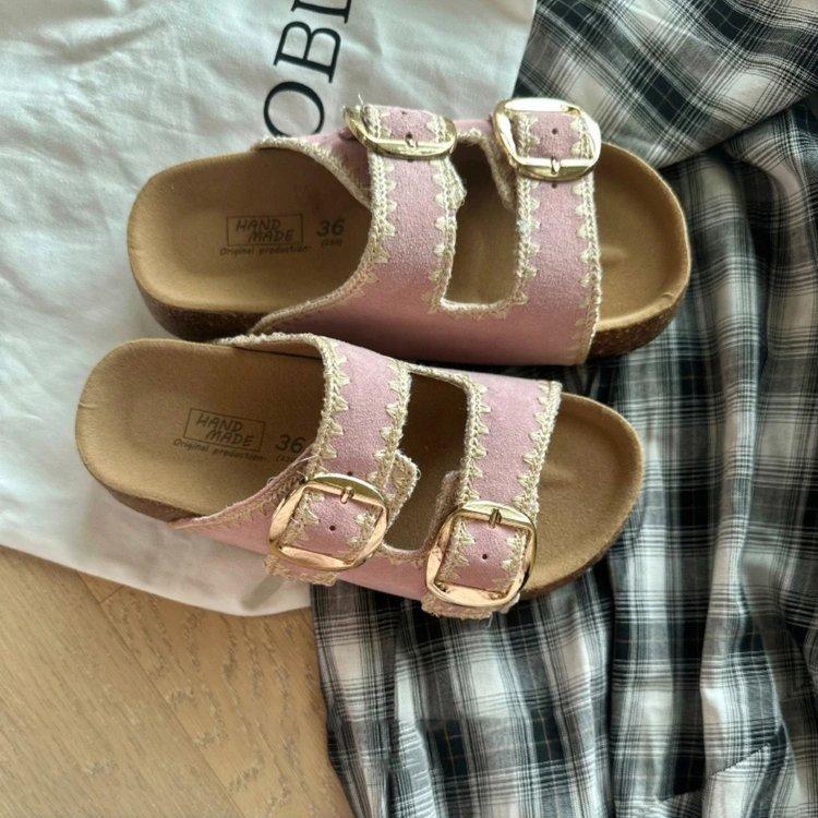 

Soft leather version~ thick-soled heightening Boken shoes women s retro woven belt buckle one-word slippers casual beach cool slippers 40