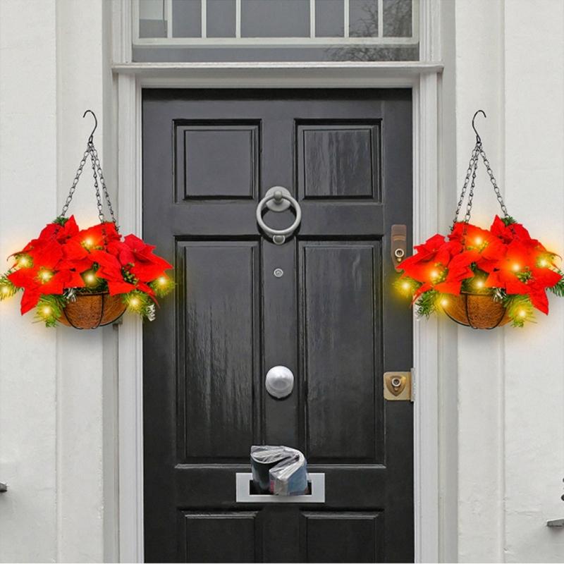 Artificial Poinsettia Floral Red Flowers Hanging Basket with LED Lights Christmas Hanging Basket Create Warm Atmosphere