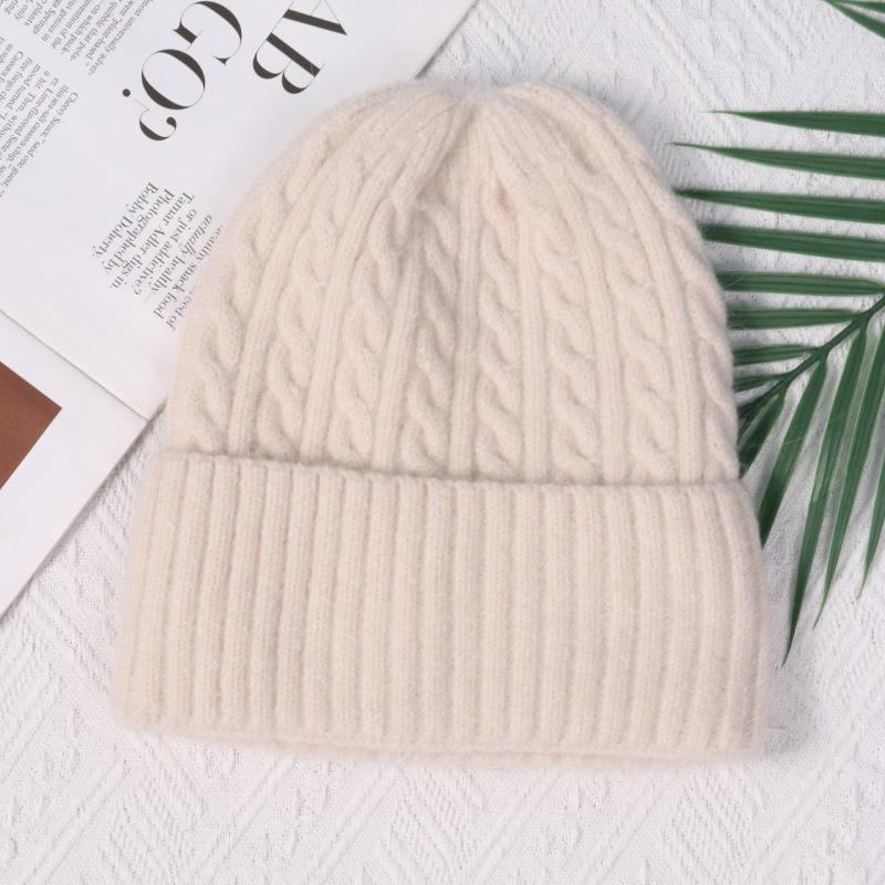 Angola rabbit fur warm solid color light board autumn and winter versatile candy color vertical stripe knitted hat women