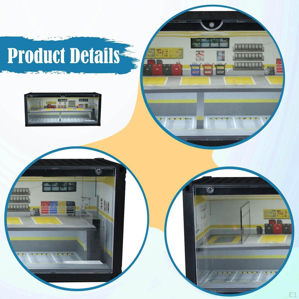 1:64 Scale Model Car Display Case repair shop scene Backdrop with LED Showcase for Doll Sports Cars