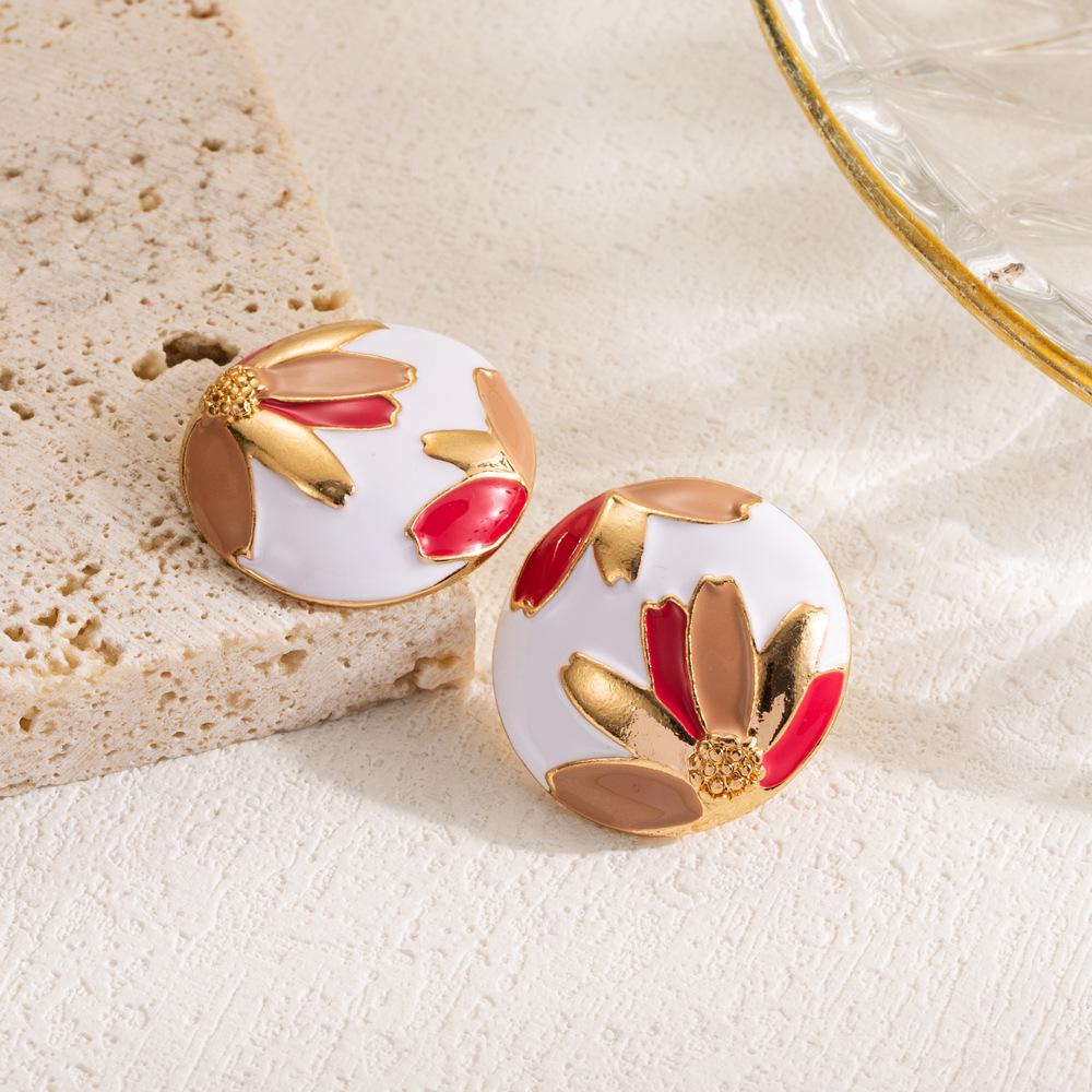 European-American Summer Floral Pattern Drop Oil Alloy Stud Earrings - Women's Fashion Round Flower Design