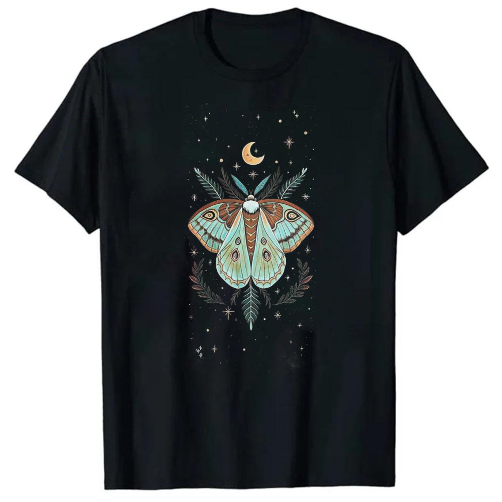 Unisex Black Crew Neck Short Sleeve Shirt Witchy Luna Moth Crescent Moon Star Graphic Vintage Dark Academia Occult Forest Aesthe