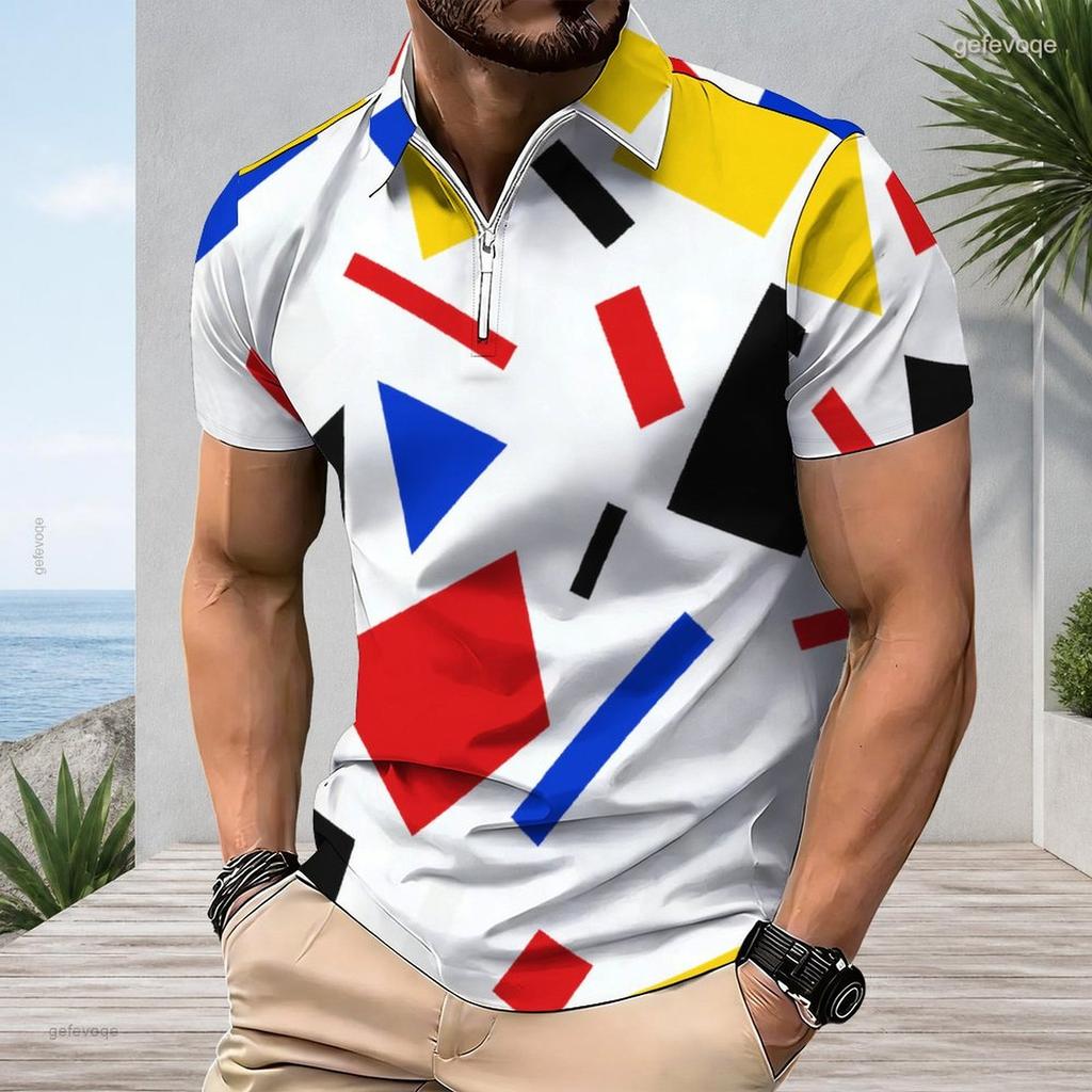 Men Plus Size Short Sleeve Quarter Zip Collared Polo Shirt Geometric Printed White Black Orange