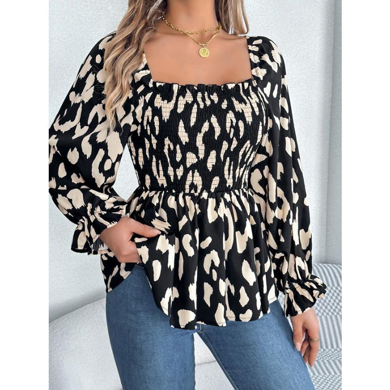 Women's Autumn and Winter Casual Wooden Ear Edge Square Collar Leopard Print Long Sleeve Top