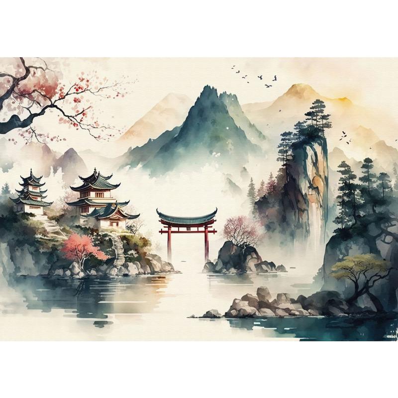 Chinesische Landschaft Paar Vögel Wald Berg Fluss Koi Karpfen Fisch Kunst Poster Drucke Leinwand Malerei Wandkunst Bild Heimdekor