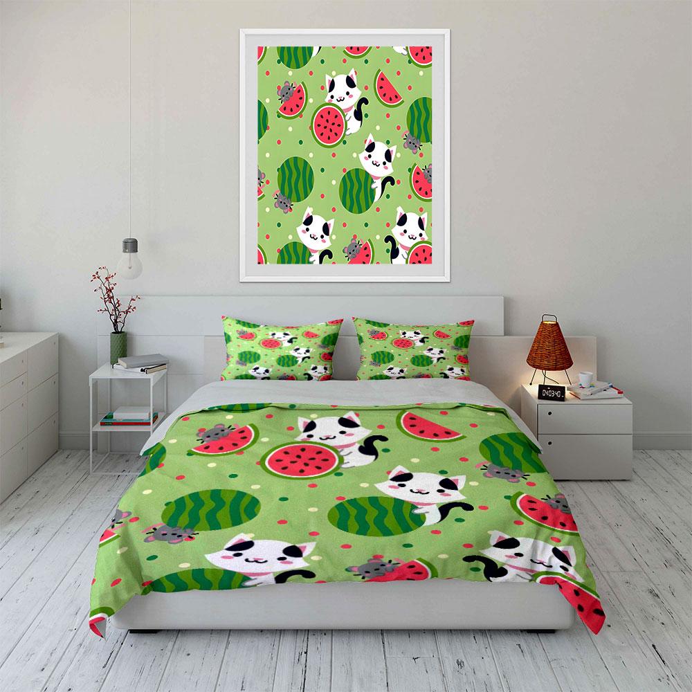 Adorable Cats And Watermelon Set  Kid'S And Adults' Bedroom Decor, Exquisite Three-Piece Bedding Set Gift