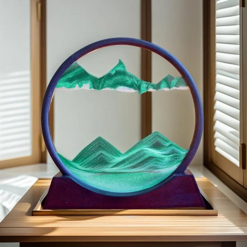 

3D Рухомий пісок Арт Пісочний годинник - Кругле скло Глибоководний піщаний пейзаж для Офісу та Домашнього декору, Картина з рухомого піску зелений