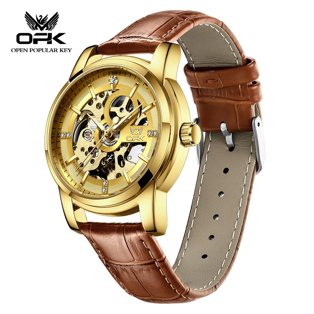 OPK 6101 Skeleton Men's Mechanical Wristwatch Leather Strap Luminous Classic Original Automatic Gold Man Watch
