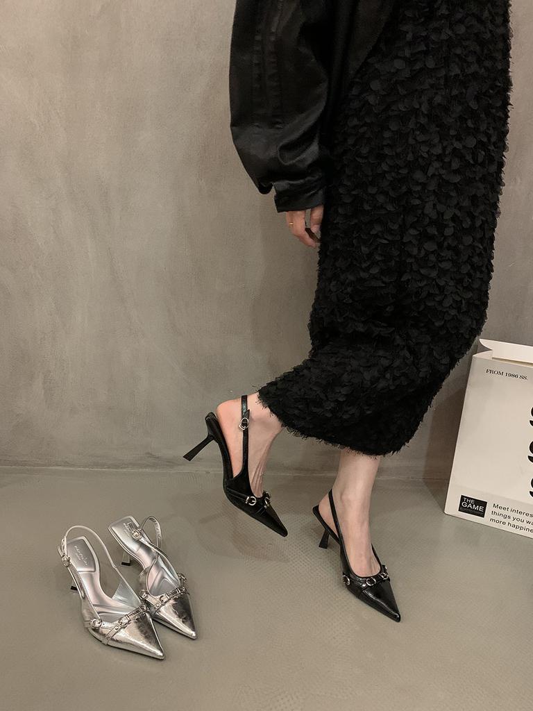 Premium niche pointed high heels silver sandals women's shoes summer bag head cool slippers with skirt single shoes