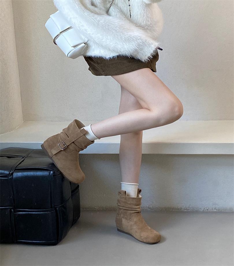 Korean version of round head handmade pleated stacking boots medium tube boots women's new sleeve thin thick heel western cowboy boots