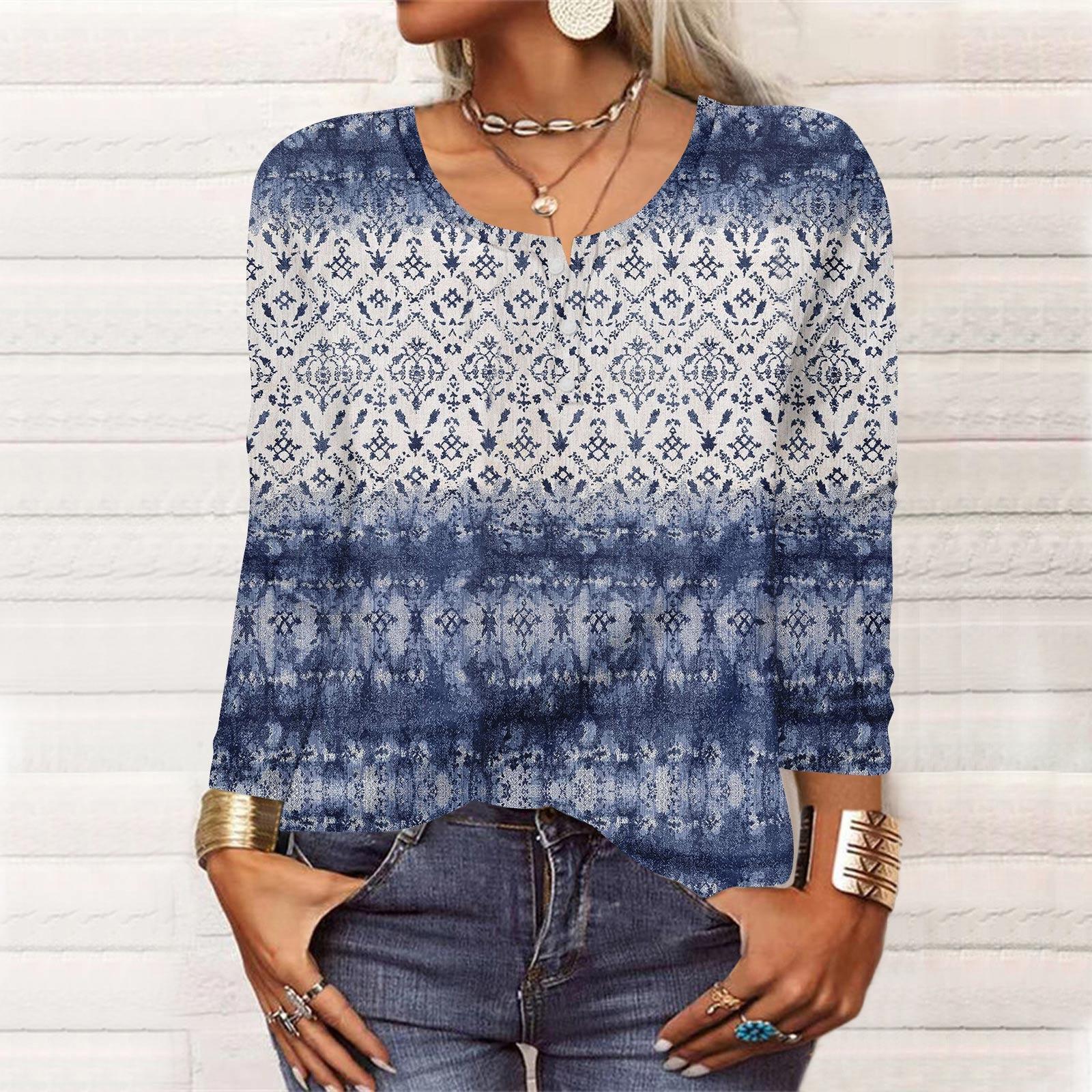 

Нові жіночі модні футболки з принтом і довгими рукавами на ґудзиках, тонкі повсякденні топи M синій