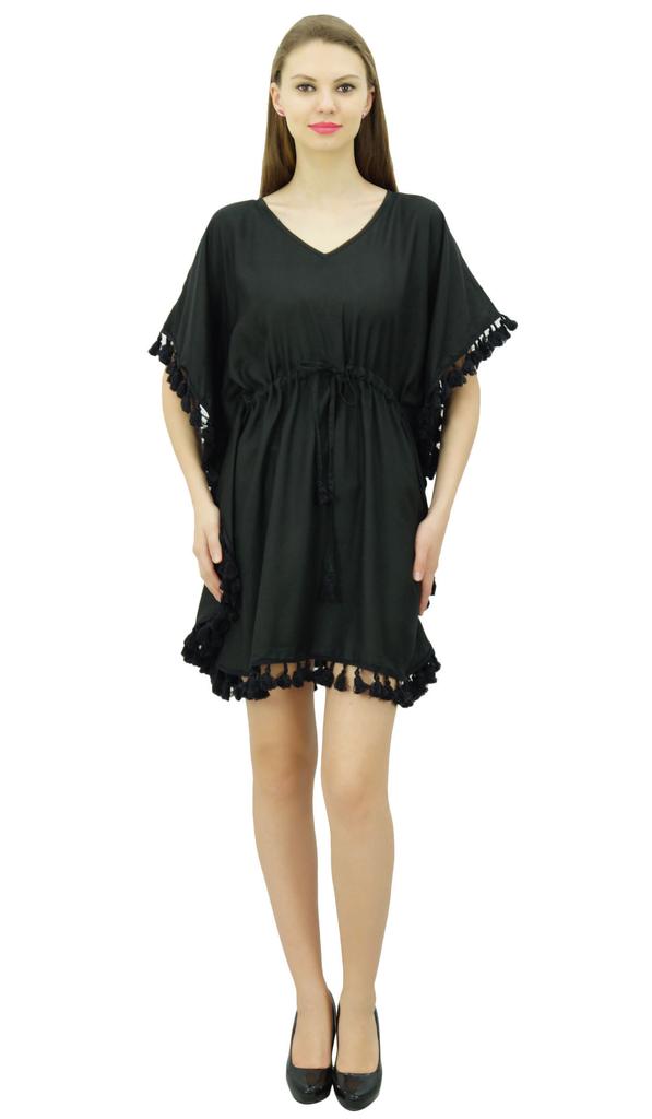 Bimba Women's V Neck Tassel Kaftan Short Rayon Caftan Designer Beachwear Coverup