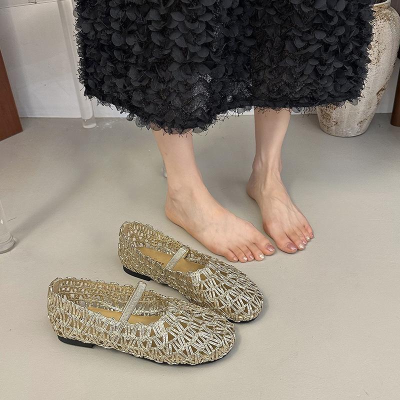 

Retro single shoes summer new single shoes woven flats temperament Mary Jane women s shoes hole shoes 39 золотой
